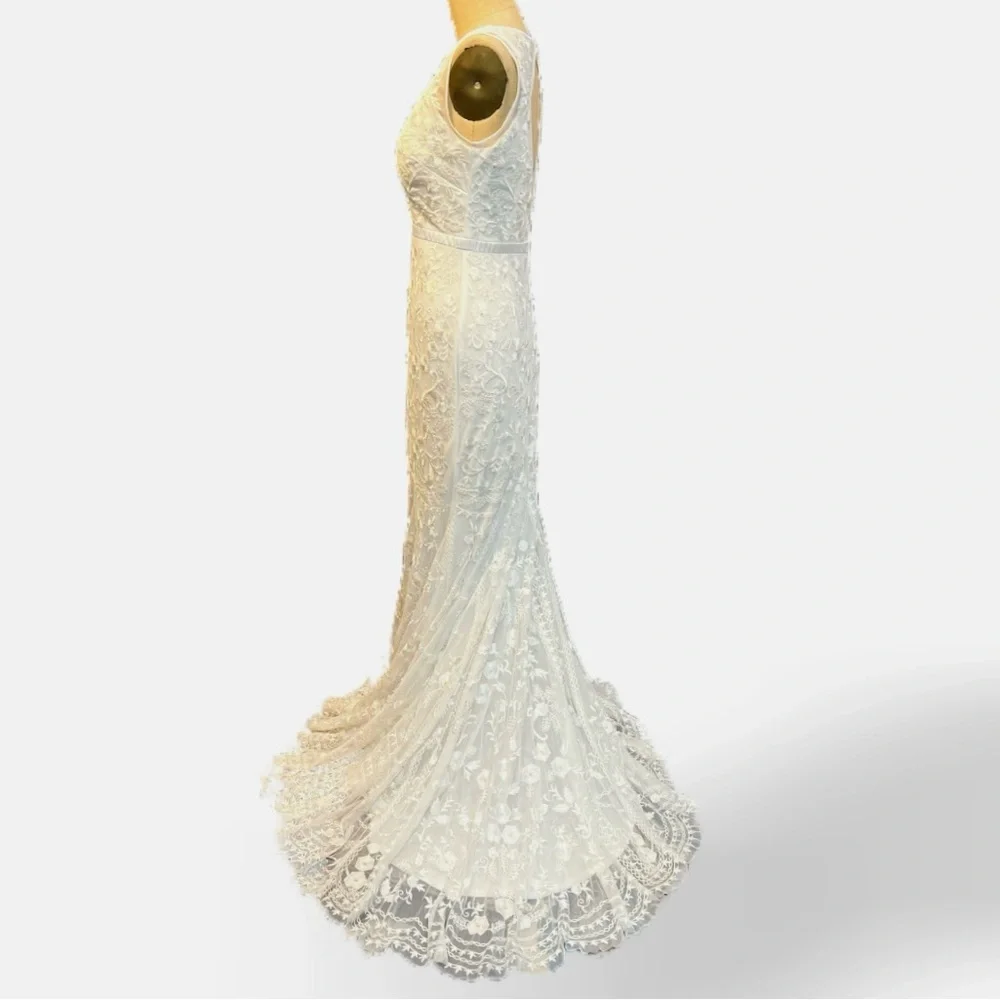 Lace open back train wedding dress bridal‎ gown sleeveless beaded embroidered - Picture 5 of 17